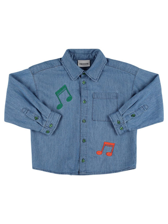 Mini Rodini: Embroidered cotton denim shirt - Light Blue - kids-boys_0 | Luisa Via Roma