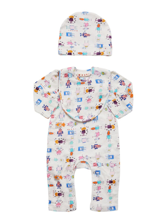 Marni Junior: Cotton jersey romper, hat & bib - White/Multi - kids-boys_0 | Luisa Via Roma