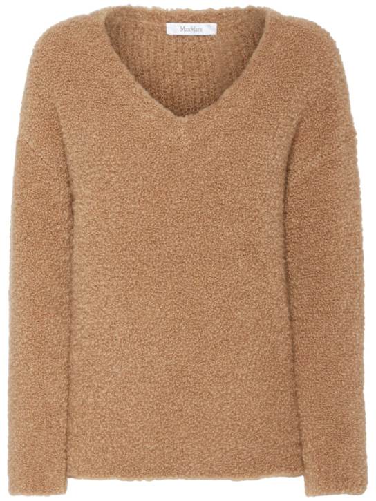 Max Mara: Pantera camel wool knit v neck sweater - women_0 | Luisa Via Roma