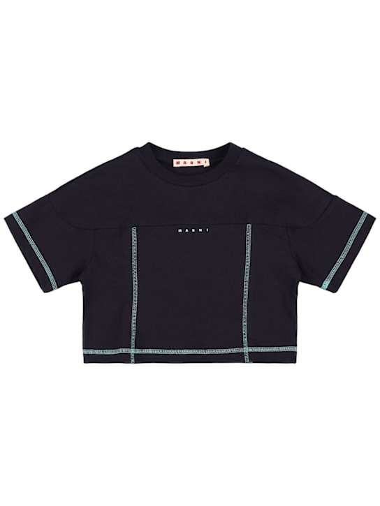 Marni Junior: コットンジャージークロップドTシャツ - ダークブルー - kids-girls_0 | Luisa Via Roma