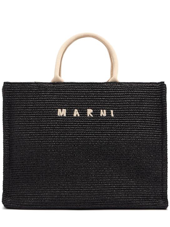 Marni: Medium logo raffia effect tote bag - men_0 | Luisa Via Roma