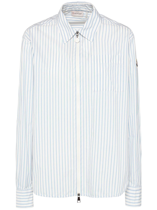 Moncler: Striped nylon hooded zip-up shirt jacket - White/Blue - women_0 | Luisa Via Roma