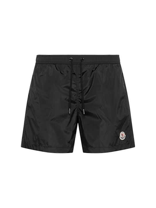 Moncler: Logo patch nylon swim shorts - Black - men_0 | Luisa Via Roma
