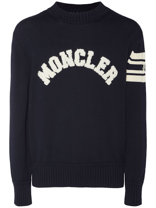 Moncler: Logo cotton yarn crewneck sweater - Obsidian Blue - men_0 | Luisa Via Roma