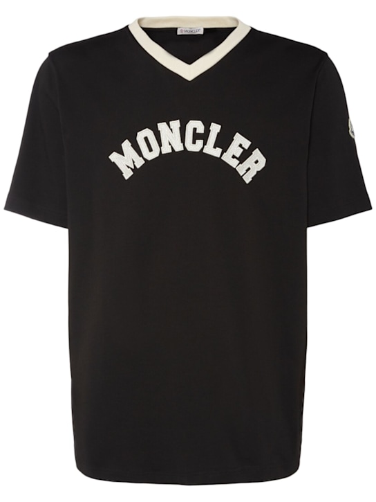 Moncler: Logo heavy cotton v-neck t-shirt - Black - men_0 | Luisa Via Roma