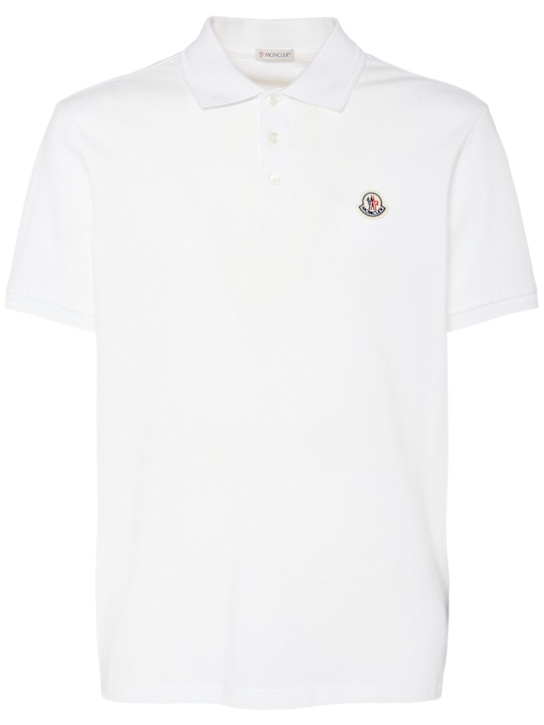 Moncler: Logo patch cotton piquet polo shirt - White - men_0 | Luisa Via Roma