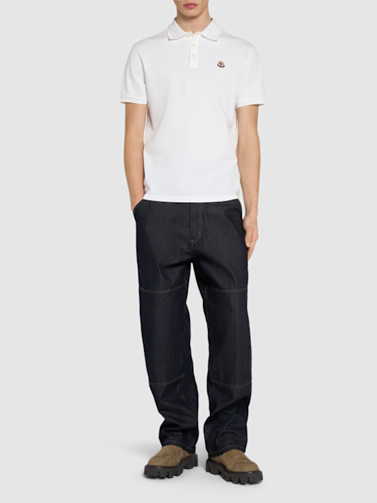 Moncler: Logo patch cotton piquet polo shirt - White - men_1 | Luisa Via Roma