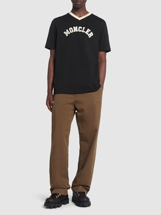 Moncler: Logo heavy cotton v-neck t-shirt - Black - men_1 | Luisa Via Roma