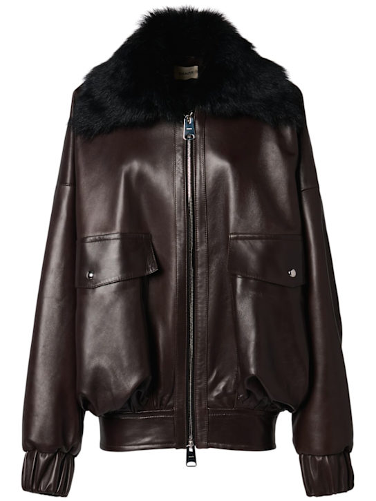 Khaite: Chaqueta de piel con cuello de pelo - Café Oscuro - women_0 | Luisa Via Roma