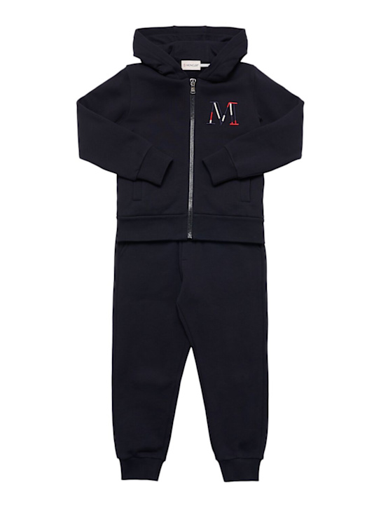 Moncler: Embroidered logo cotton tracksuit - ネイビー - kids-boys_0 | Luisa Via Roma