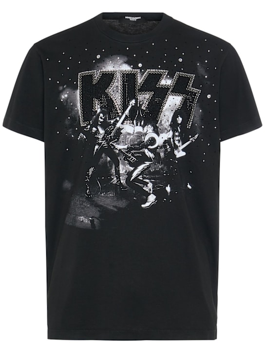 Dsquared2: T-shirt Kiss in cotone con ricamo - Nero - men_0 | Luisa Via Roma