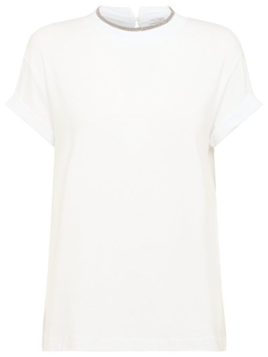 Brunello Cucinelli: Embellished cotton blend jersey t-shirt - White - women_0 | Luisa Via Roma