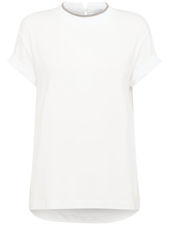 Brunello Cucinelli: Embellished cotton blend jersey t-shirt - White - women_0 | Luisa Via Roma