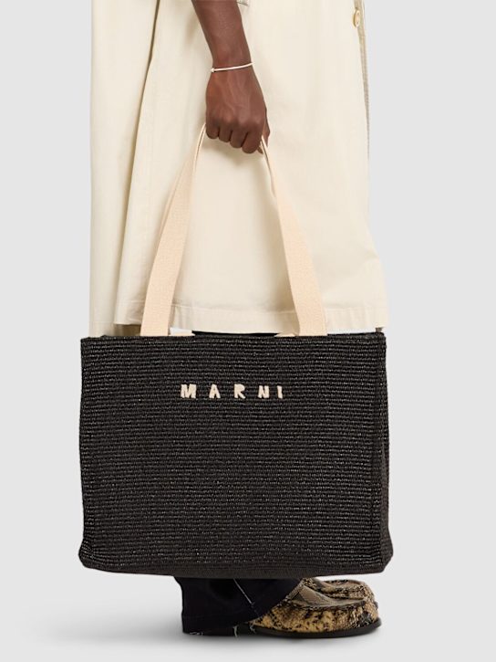 Marni: Medium logo raffia effect tote bag - men_1 | Luisa Via Roma
