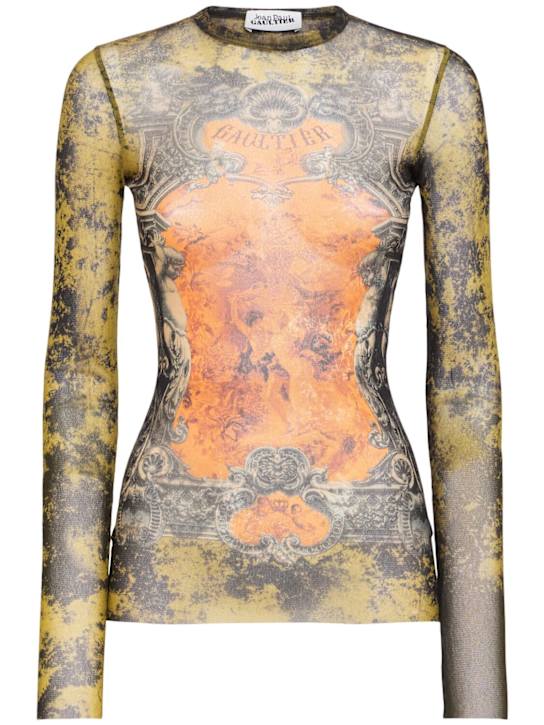 Jean Paul Gaultier: Médaillon printed mesh long sleeve top - Black/Khaki/Ora - women_0 | Luisa Via Roma