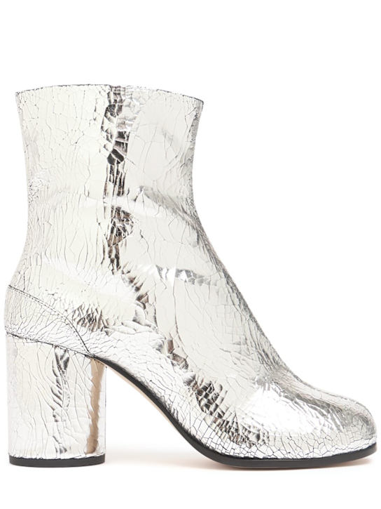 Maison Margiela: 80mm Tabi crackled leather ankle boots - Silver - women_0 | Luisa Via Roma