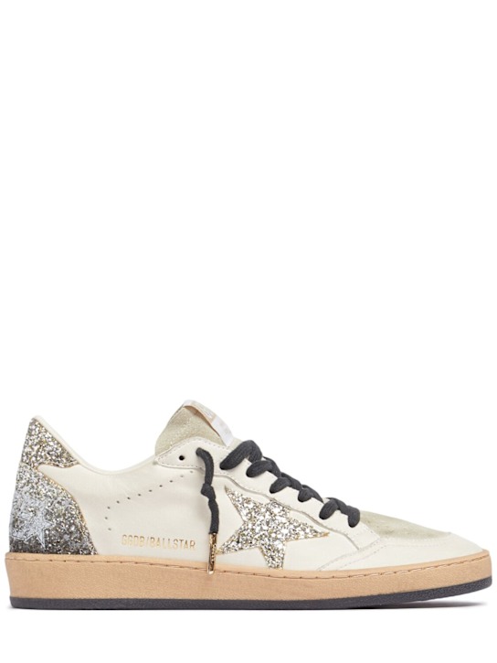 Golden Goose: Ballstar leather & glitter sneakers - White/Platinum - women_0 | Luisa Via Roma