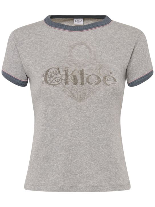 Chloé: Logo印花棉质平纹针织T恤 - 灰色 - women_0 | Luisa Via Roma