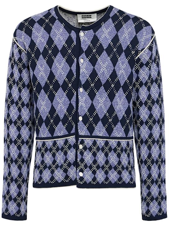 Eenk: Argyle knit cotton cardigan - Navy - men_0 | Luisa Via Roma