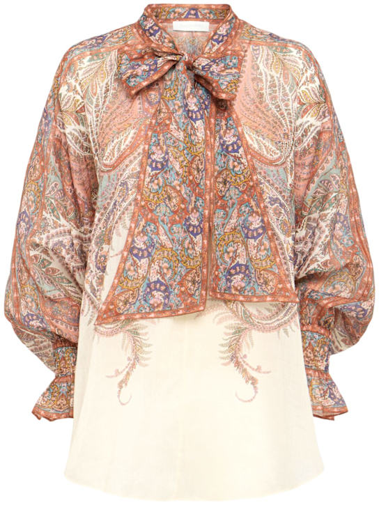Zimmermann: Rhiannon tie-neck ramie shirt - Cream/Multi - women_0 | Luisa Via Roma