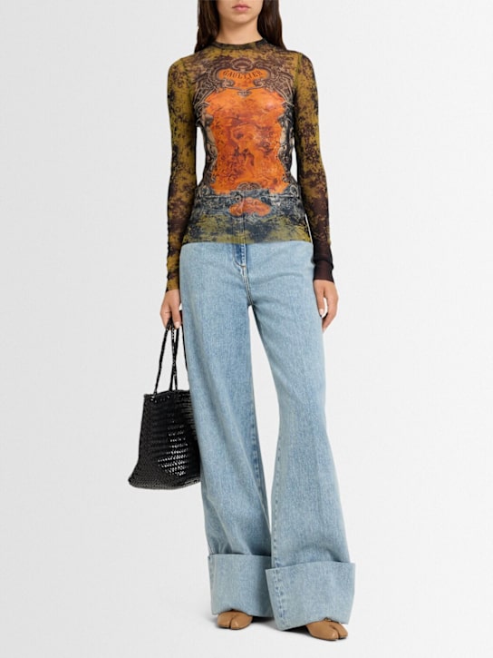 Jean Paul Gaultier: Médaillon printed mesh long sleeve top - Black/Khaki/Ora - women_1 | Luisa Via Roma