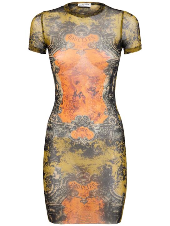 Jean Paul Gaultier: Médaillon printed mesh short dress - Black/Khaki/Ora - women_0 | Luisa Via Roma