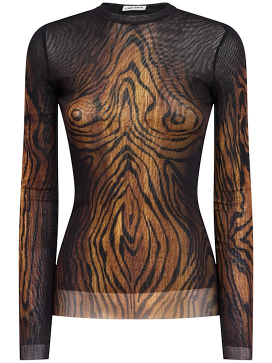 Jean Paul Gaultier: Wood printed mesh long sleeve top - Black/Brown - women_0 | Luisa Via Roma