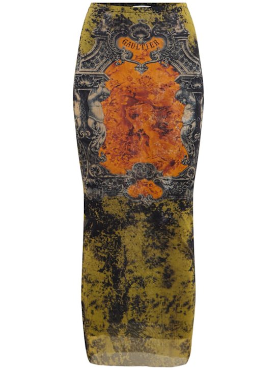 Jean Paul Gaultier: Médaillon printed mesh midi skirt - Black/Khaki/Ora - women_0 | Luisa Via Roma