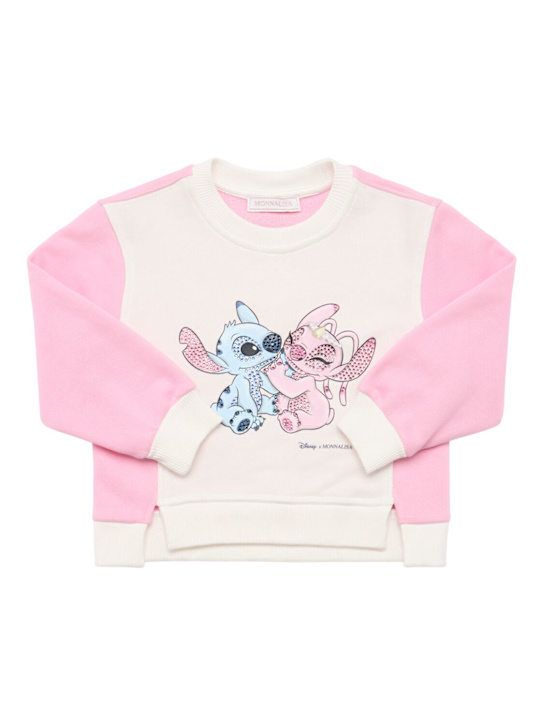 Monnalisa: Stitch print cotton blend sweatshirt - White/Pink - kids-girls_0 | Luisa Via Roma