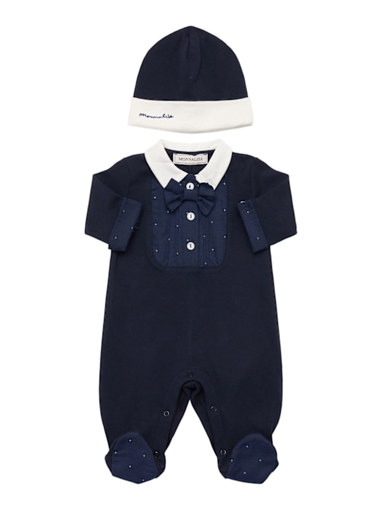 Monnalisa: Cotton interlock romper & hat - Navy - kids-boys_0 | Luisa Via Roma