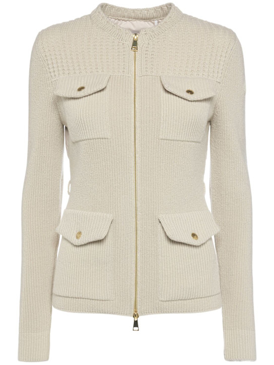 Moncler: Virgin wool & tech down cardigan - women_0 | Luisa Via Roma