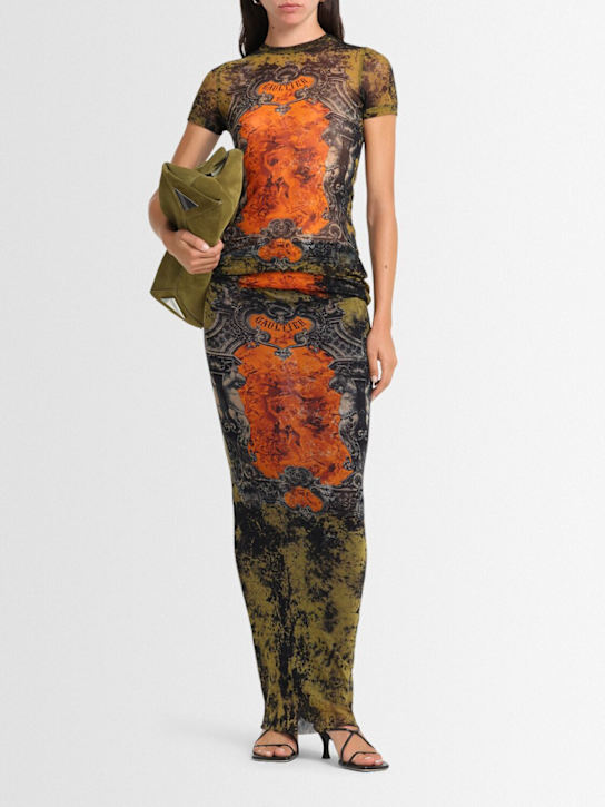 Jean Paul Gaultier: Médaillon printed mesh midi skirt - Black/Khaki/Ora - women_1 | Luisa Via Roma