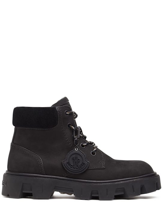 Moncler: Peak City suede leather lace-up boots - ブラック - men_0 | Luisa Via Roma