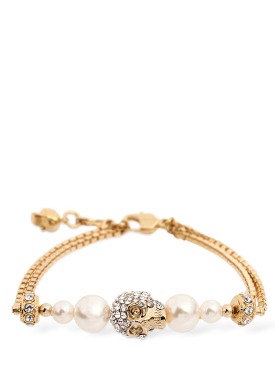 McQueen: Skull & pearl brass bracelet - Gold/White - women_0 | Luisa Via Roma