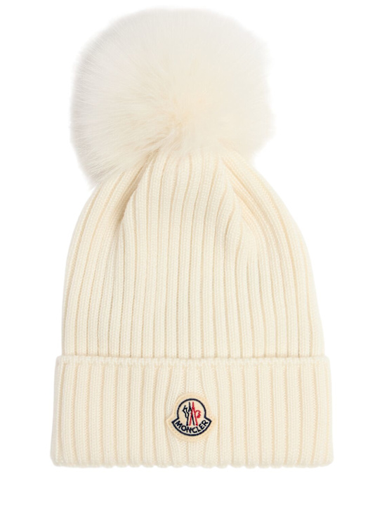 Moncler: Virgin wool beanie w/ pom pom - White - kids-girls_0 | Luisa Via Roma