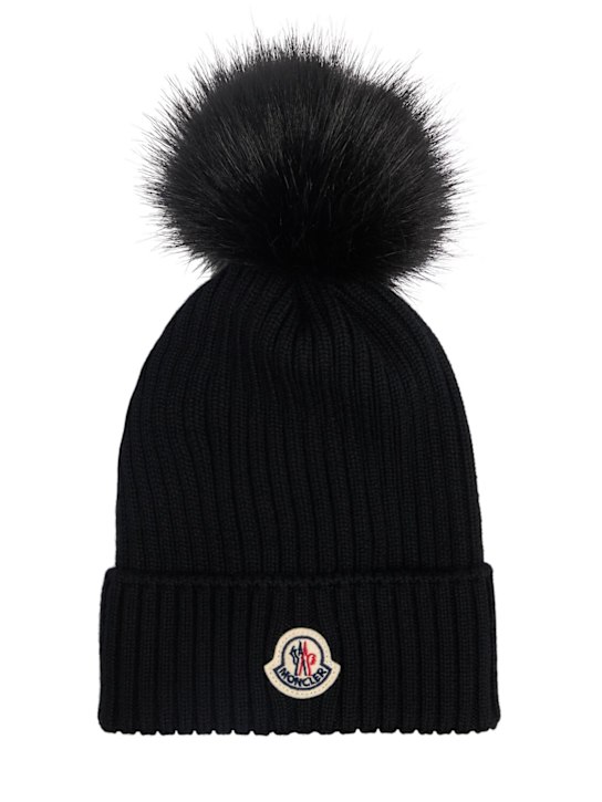 Moncler: Cappello beanie in lana vergine / pompom - Nero - kids-girls_0 | Luisa Via Roma