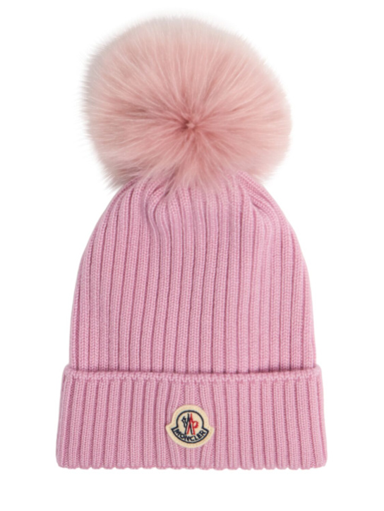 Moncler: Cappello beanie in lana vergine / pompom - Rosa - kids-girls_0 | Luisa Via Roma