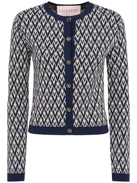 Valentino: Wool jacquard cardigan - Navy/Ivory - women_0 | Luisa Via Roma