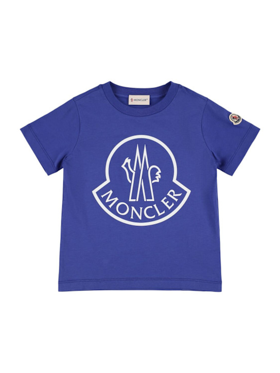 Moncler: Camiseta de algodón estampado con logo - Azul - kids-boys_0 | Luisa Via Roma