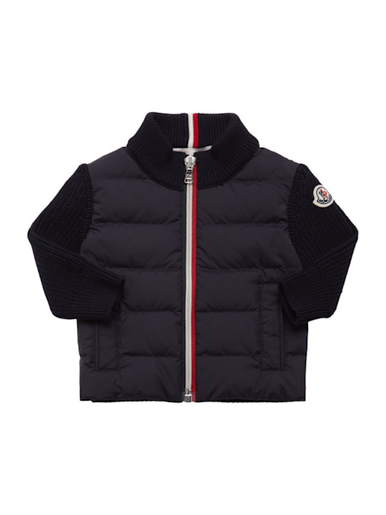 Moncler: Virgin wool & tech down zip-up cardigan - kids-boys_0 | Luisa Via Roma
