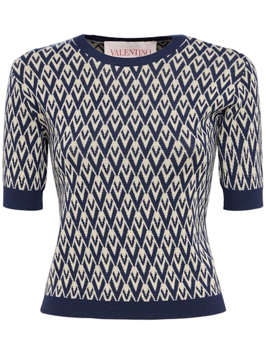 Valentino: Wool jacquard short sleeve sweater - Navy/Ivory - women_0 | Luisa Via Roma
