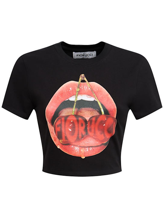 Fiorucci: Mouth print cropped cotton blend t-shirt - Black - women_0 | Luisa Via Roma