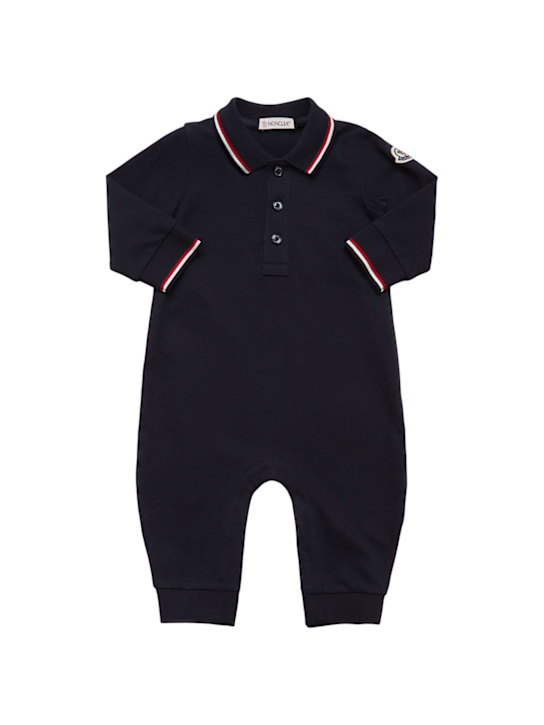 Moncler: Tricolor trim cotton blend piquet romper - kids-boys_0 | Luisa Via Roma