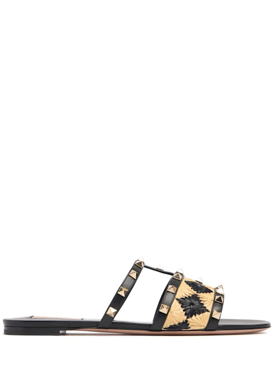 Valentino Garavani: 10mm Rockstud leather & raffia sandals - Black - women_0 | Luisa Via Roma