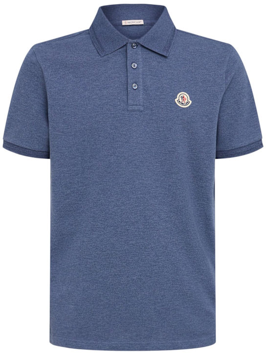 Moncler: Logo patch cotton piquet polo shirt - Mood Indigo - men_0 | Luisa Via Roma