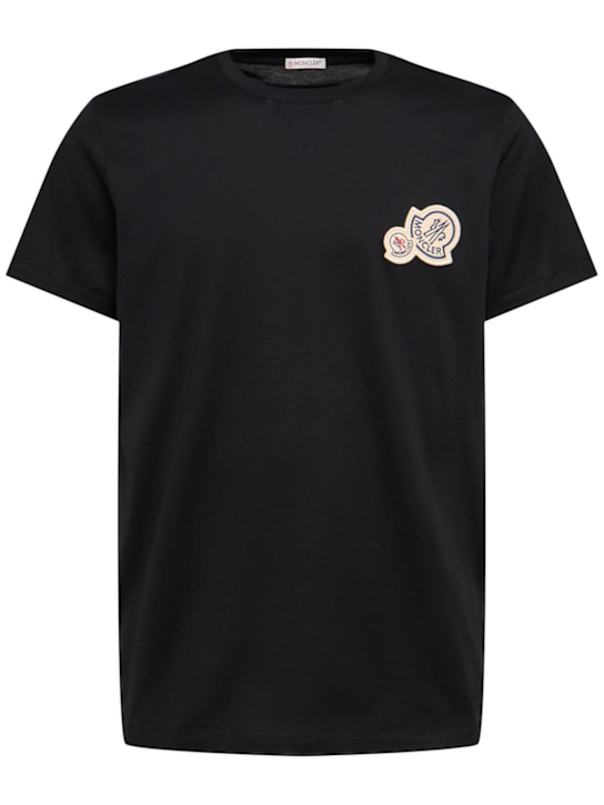Moncler: Double logo patch cotton t-shirt - Black - men_0 | Luisa Via Roma