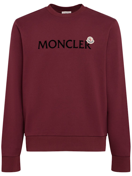 Moncler: Logo cotton fleece crewneck sweatshirt - Burgundy - men_0 | Luisa Via Roma