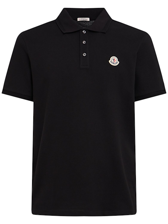 Moncler: Logo patch cotton piquet polo shirt - Black - men_0 | Luisa Via Roma