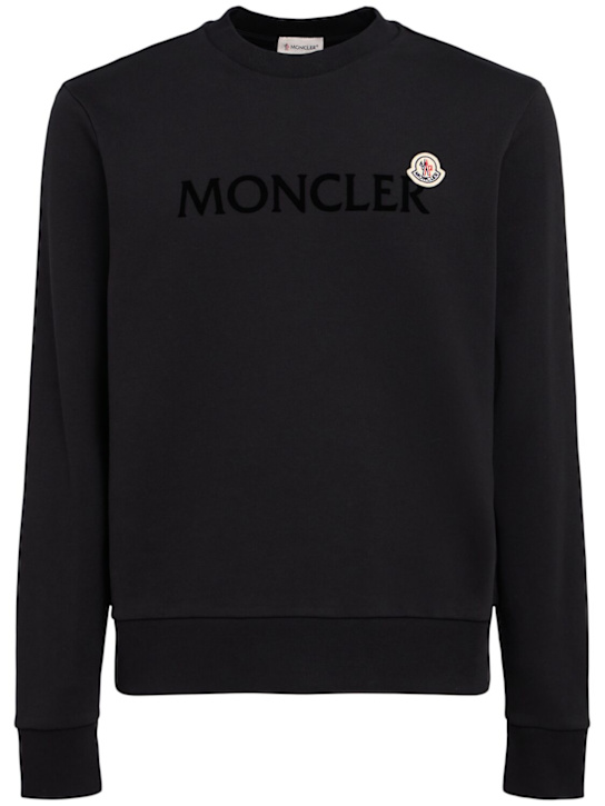 Moncler: Logo cotton fleece crewneck sweatshirt - Black - men_0 | Luisa Via Roma
