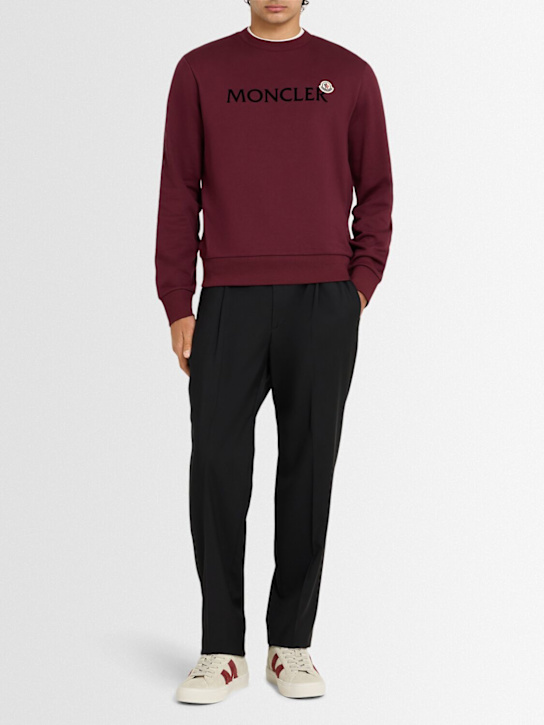 Moncler: Logo cotton fleece crewneck sweatshirt - Burgundy - men_1 | Luisa Via Roma